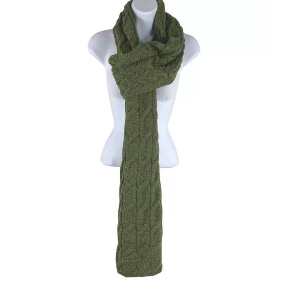 Aran Sweater Market Scarf Wool Ireland One Size Unisex Green Fisherman Cable - Picture 1 of 11